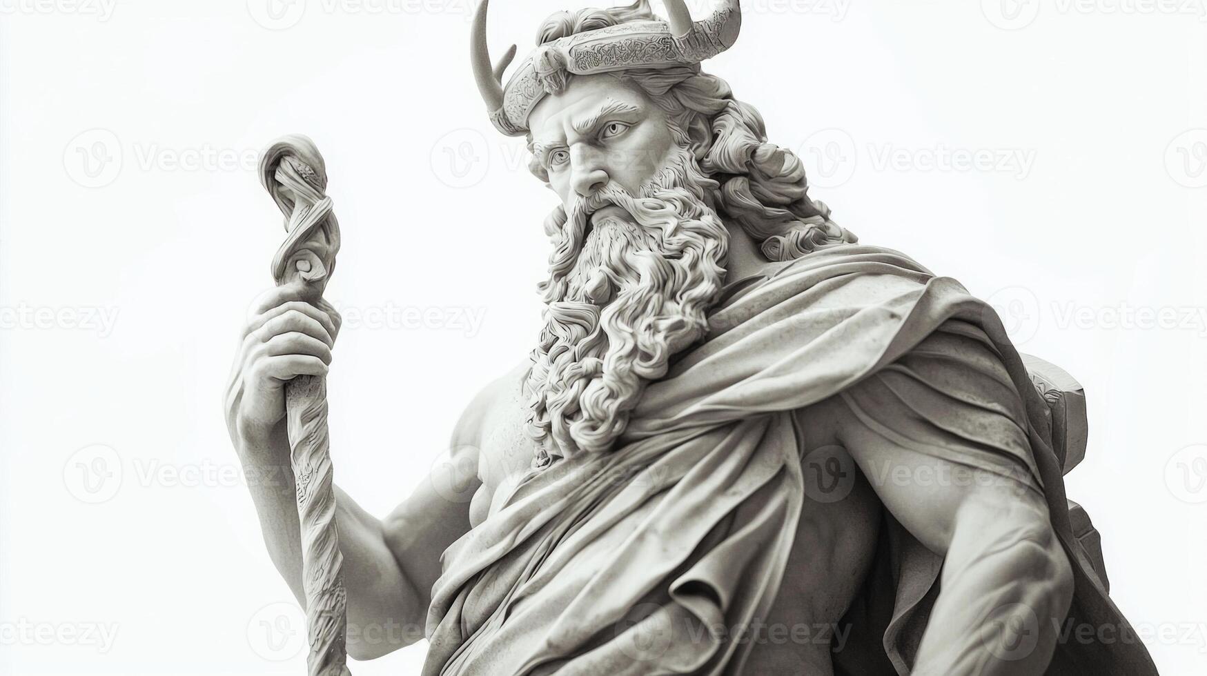 statue portrays Magni the Scandinavian god associated with strength showcasing his powerful presence and intricate stone details against a clean white backdrop. photo