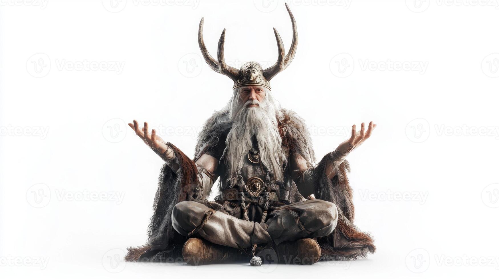 Scandinavian god Magni portrayed with antlers and flowing beard sits cross legged in meditative pose exuding strength and wisdom against stark white backdrop. photo