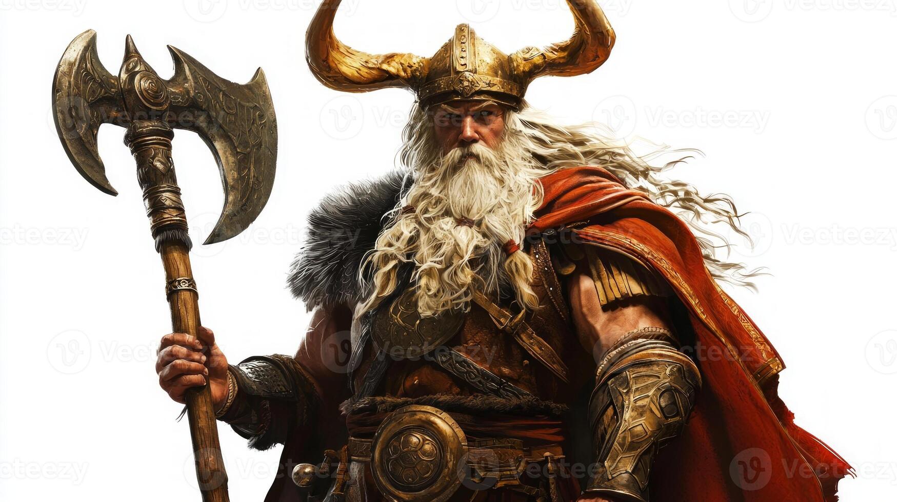 representation of Magni a Scandinavian god highlights his powerful presence with a detailed axe and spear embodying strength and heritage in Norse mythology. photo