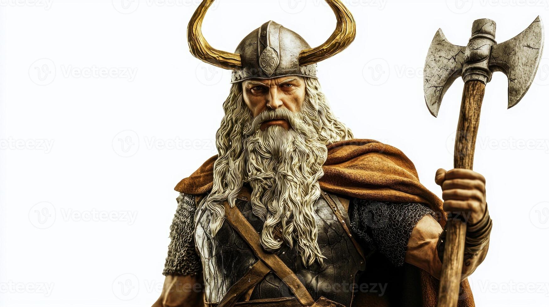 striking portrayal captures Magni Scandinavian god of strength with his iconic horns and battle axe exuding power and majesty in a simple unadorned background. photo