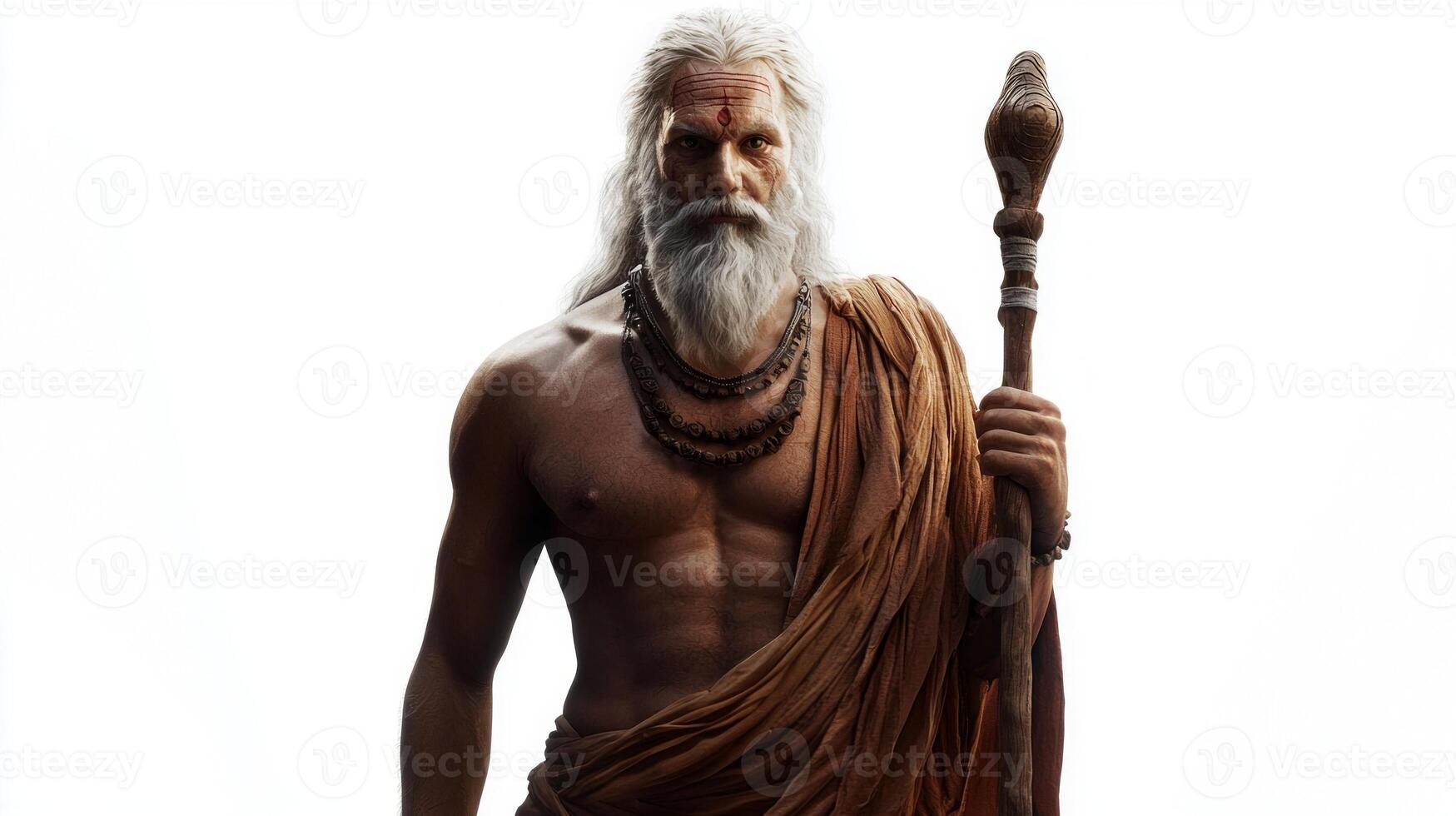 Majestic figure of Shiva Purana a indian god exudes strength and wisdom with flowing hair a long beard and a staff. His presence commands attention and respect. photo