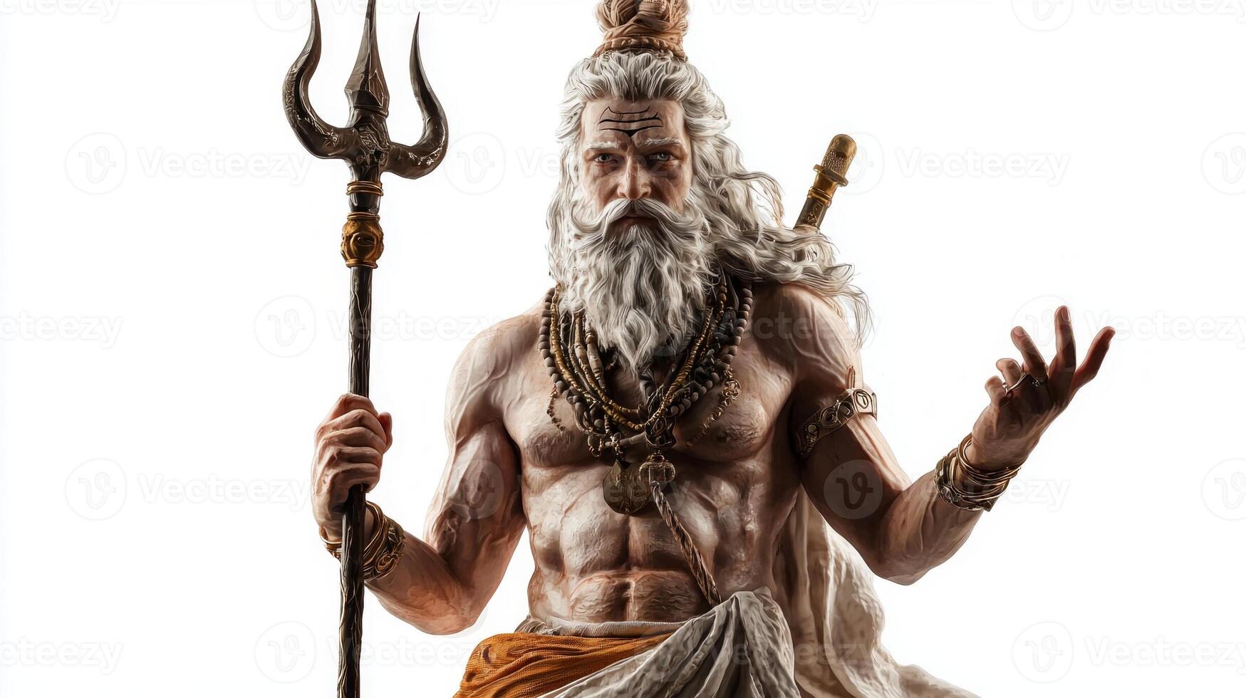 indian god Shiva Purana depicted with a trident a powerful presence emphasizing strength and divine authority in a striking stance. photo