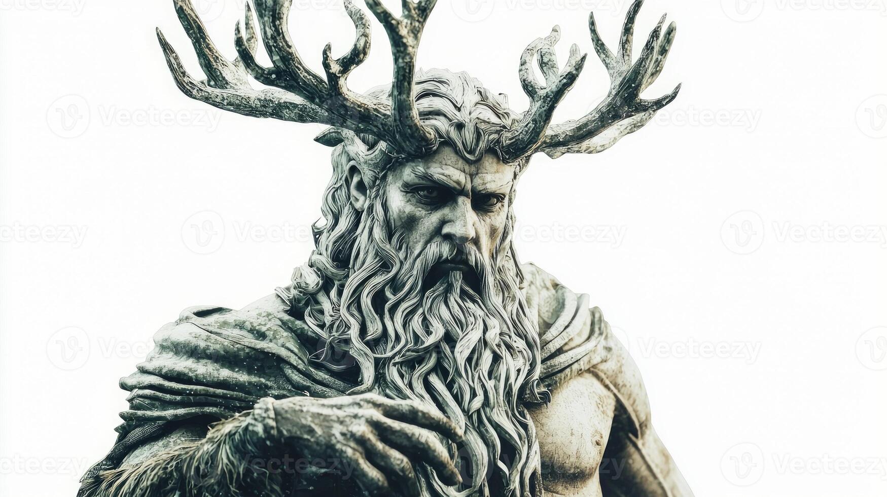 piece features the Scandinavian god Ran in a realistic representation highlighting intricate details of his antlers and flowing beard rooted in ancient mythology. photo