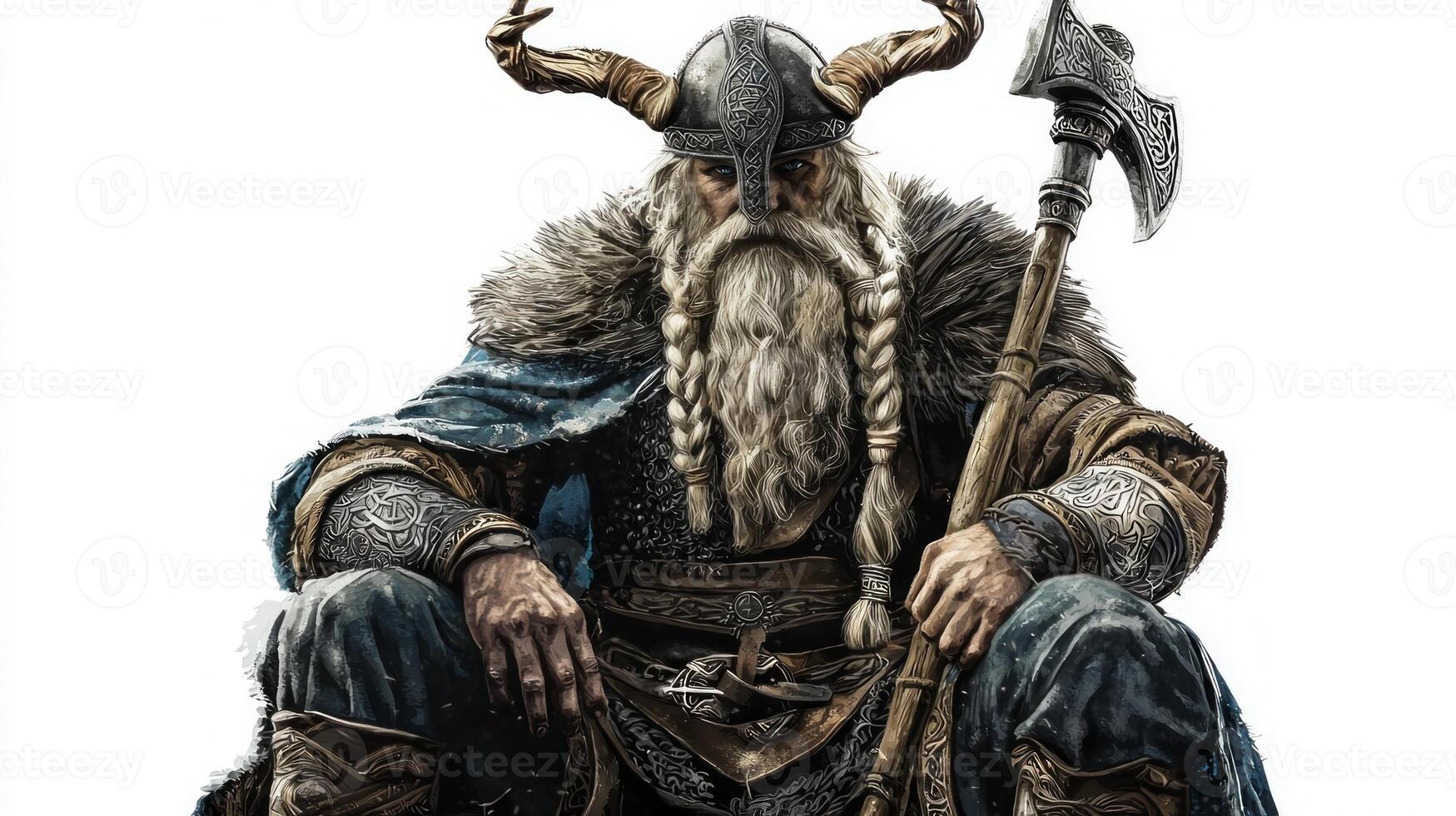 Ullr revered Scandinavian god known archery and hunting is depicted with impressive horns braids and a fur cloak sitting confidently wielding a large axe. photo