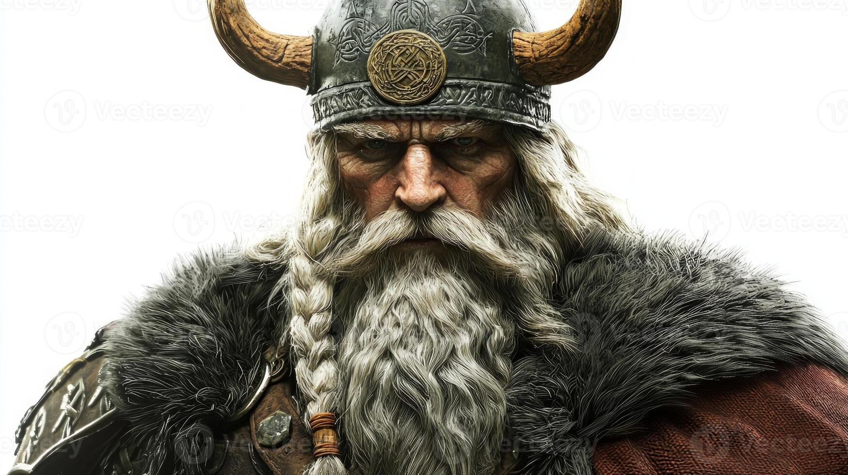 artwork depicts Vidar the Scandinavian god known for vengeance with a fierce expression. His intricate armor and braided beard reflect ancient Norse culture and mythology. photo