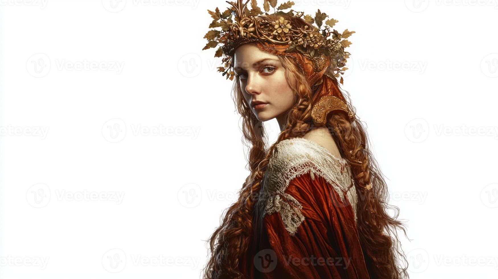 Slavic goddess Mara portrayed with flowing hair and elaborate outfit adorned with leaves flowers radiating a sense of serenity and strength against a white backdrop. photo