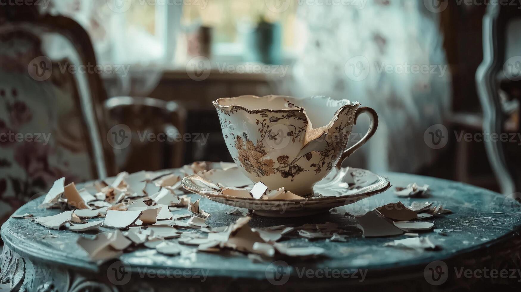 In a luxurious modern apartment beautifully glued vintage cup sits atop table surrounded by shards symbolizing the fragility and beauty forgiveness in relationships. photo