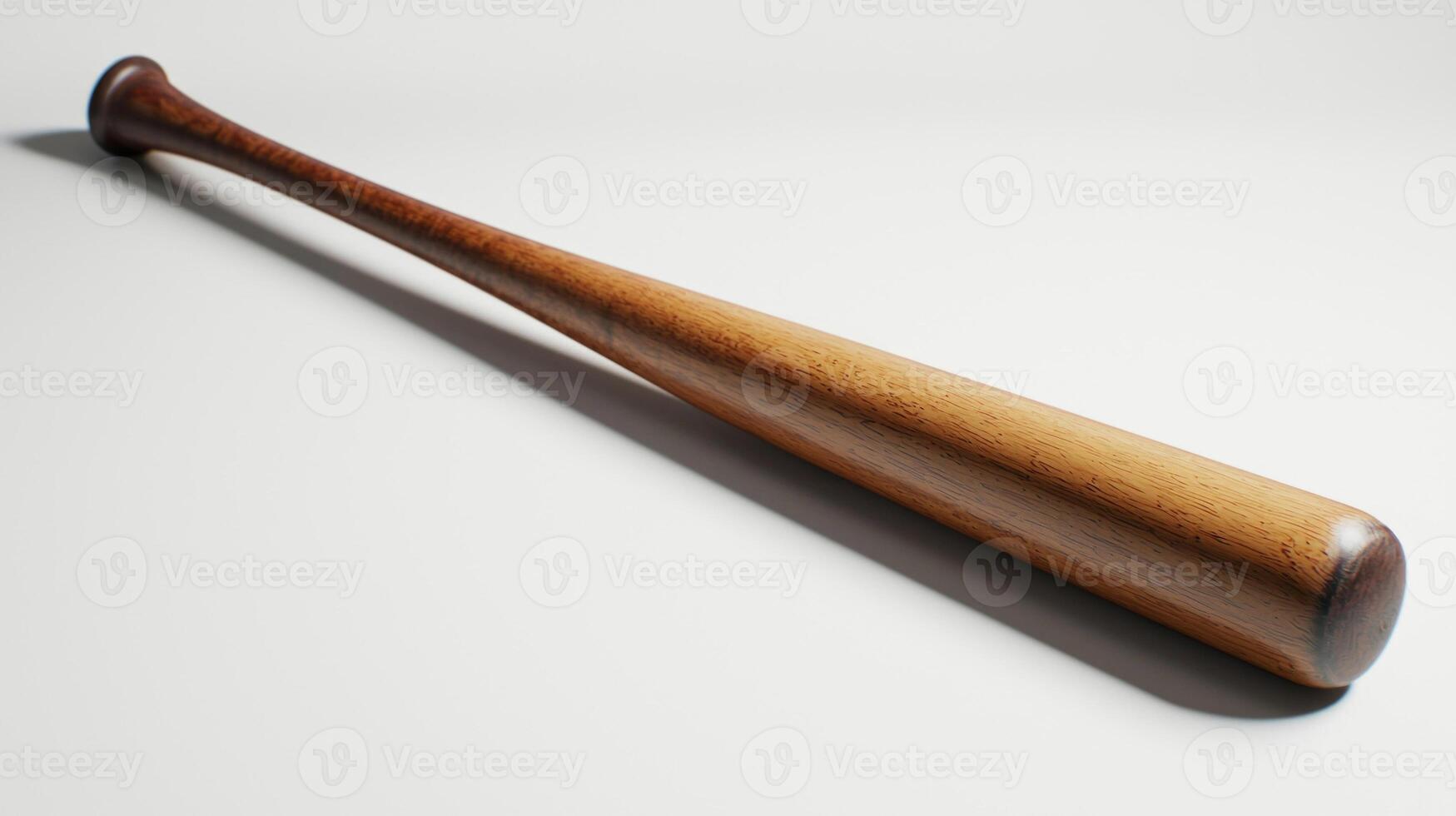 baseball bat is presented flat highlighting its intricate wood grain and engraved logo. Bright studio lighting illuminates the scene showcasing details effectively. photo