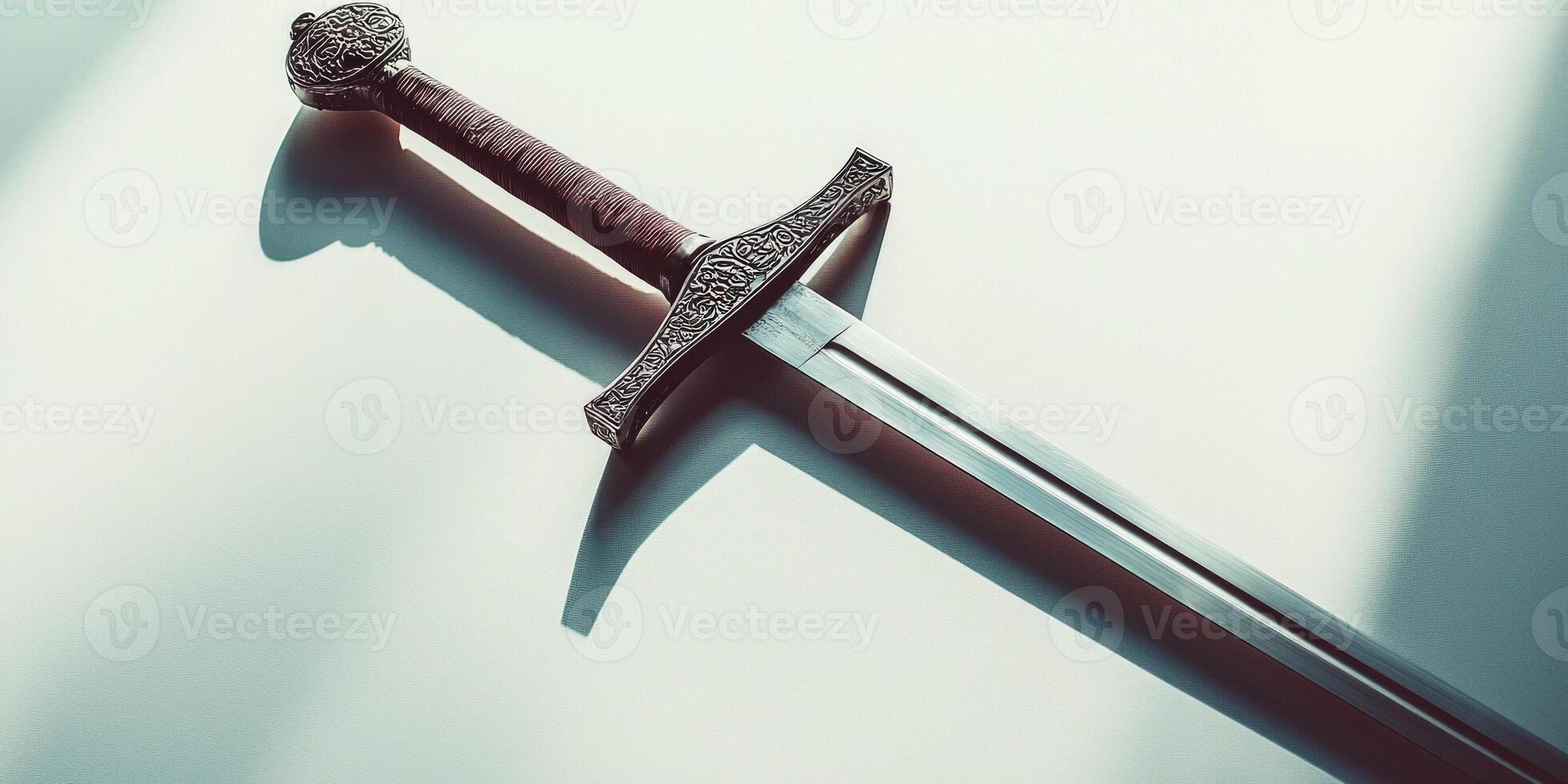 fencing epee is showcased flat on a white background emphasizing its sleek guard and blade design. The bright lighting creates minimalistic shadows enhancing its form. photo