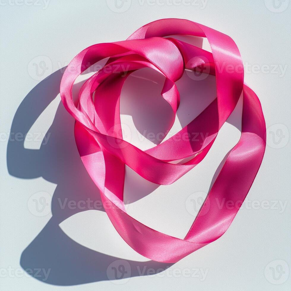 spiraled gymnastic ribbon in bright pink is beautifully arranged on a white surface featuring smooth texture and soft shadows under bright studio lighting. photo