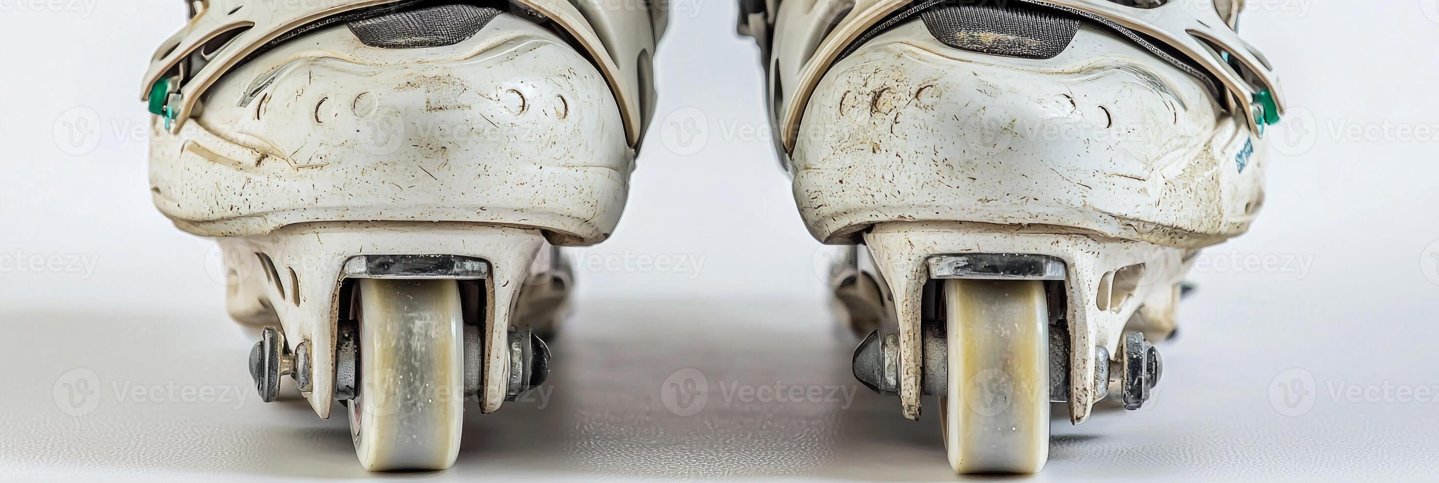 Two rollerblades are positioned side by side highlighting the intricate details of their wheels and buckles under soft natural light perfect for fitness enthusiasts. photo