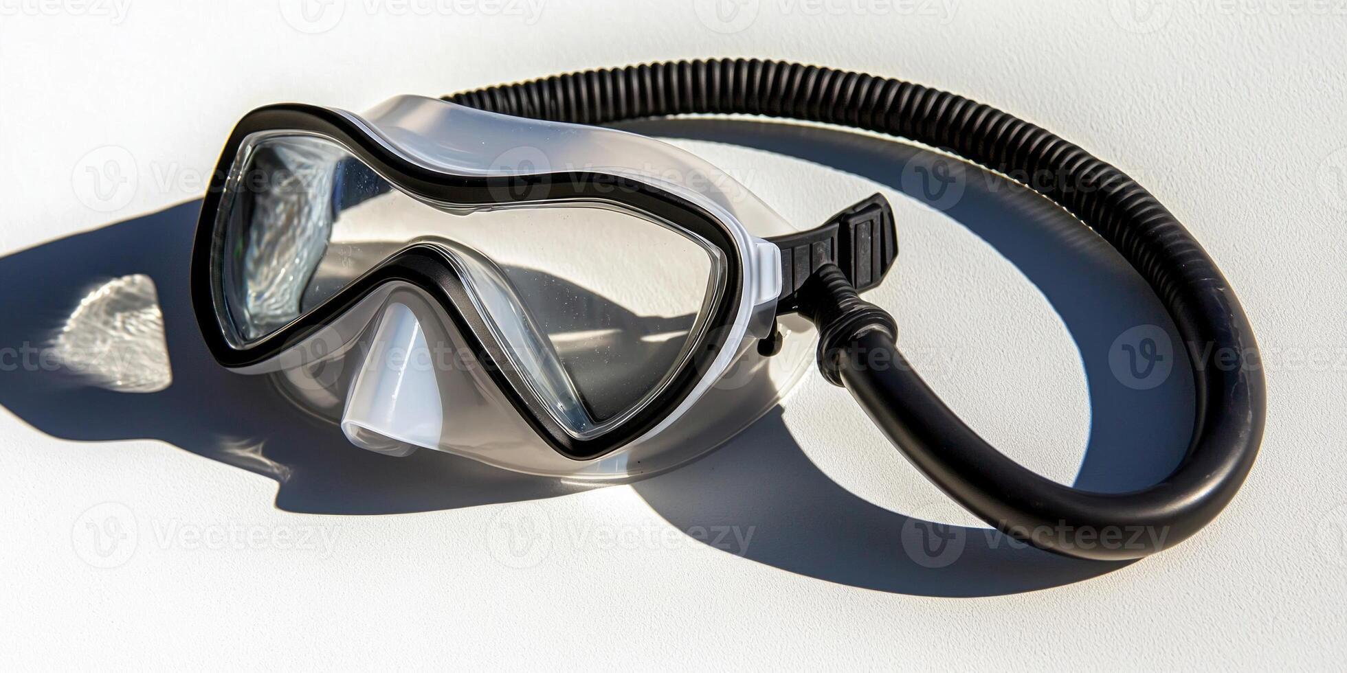 diving snorkel and mask set rests on a white surface highlighting a silicone mask paired with a flexible breathing tube under bright lighting and soft shadows. photo
