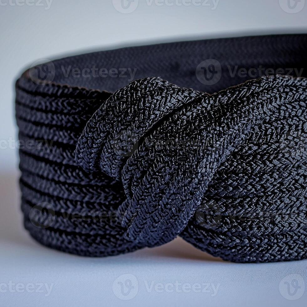 black belt is folded meticulously highlighting the intricate fabric texture and embroidered details. The bright lighting enhances the minimalist aesthetic. photo