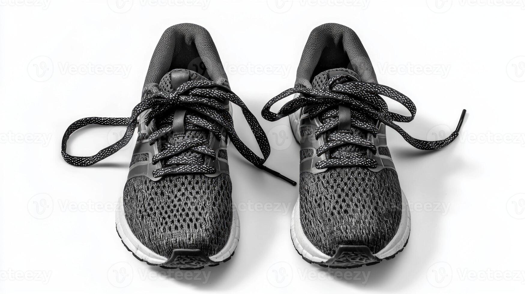 pair of running shoes rests side by side on a white surface showcasing their design with laces and tread emphasized by bright lighting and deep shadows. photo