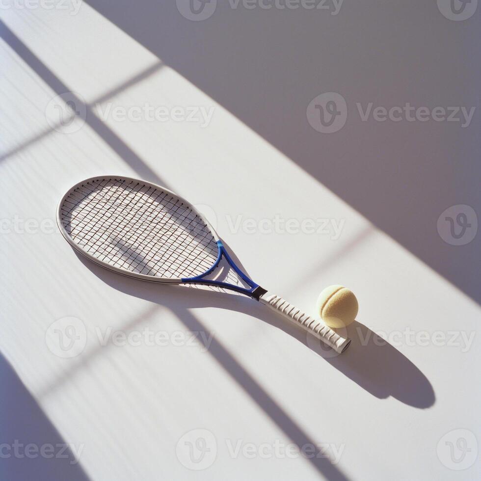 squash racket and rubber ball rest side by side on a bright white background showcasing the intricate string pattern and soft shadows in a minimalist setting. photo