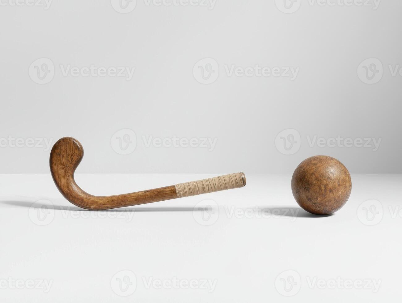 field hockey stick curves elegantly next to a smooth ball both resting on a clean white surface. Soft shadows add depth to the bright studio setting emphasizing the details. photo
