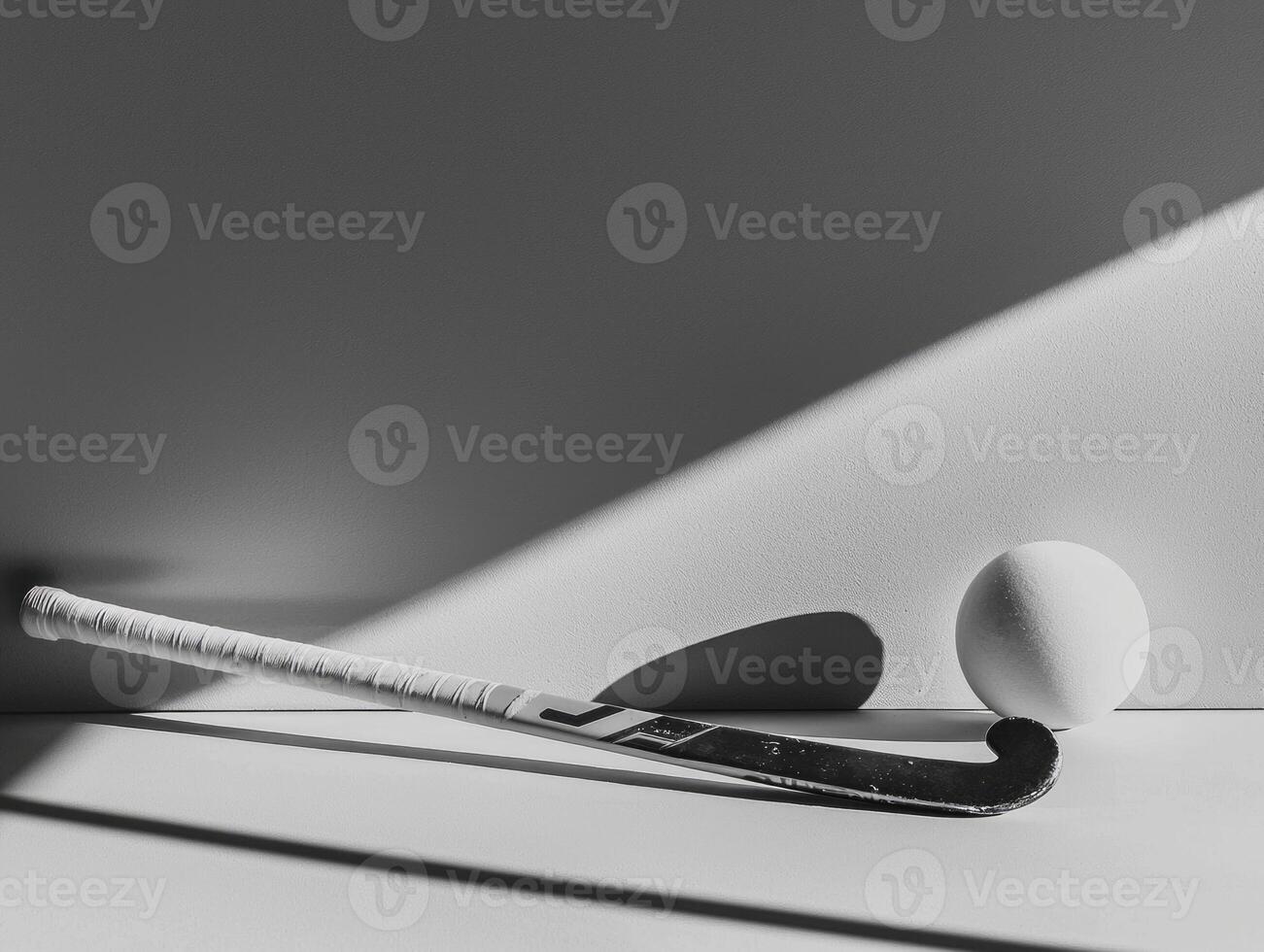 field hockey stick rests beside a ball on a clean white background showcasing its curve and the balls texture illuminated by bright studio lighting. photo