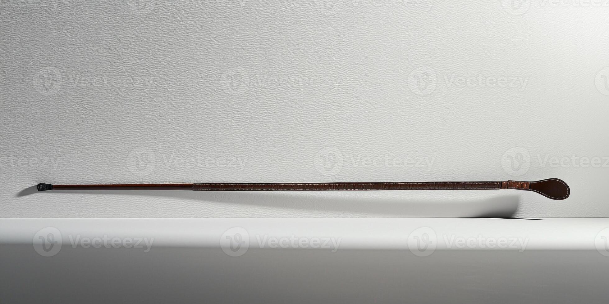 sleek horse riding crop is displayed prominently against a white background highlighting its leather handle and loop. Soft shadows enhance its elegant design. photo