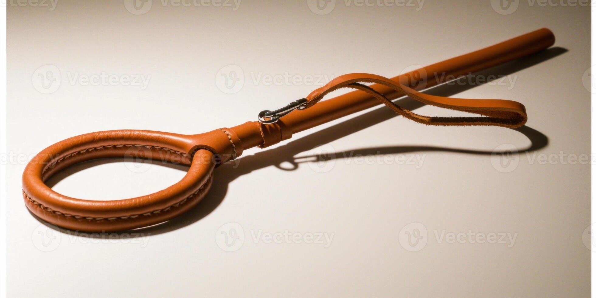 striking equestrian riding crop is showcased against a white backdrop emphasizing the leather handle and loop. Soft shadows enhance its minimalist design. photo