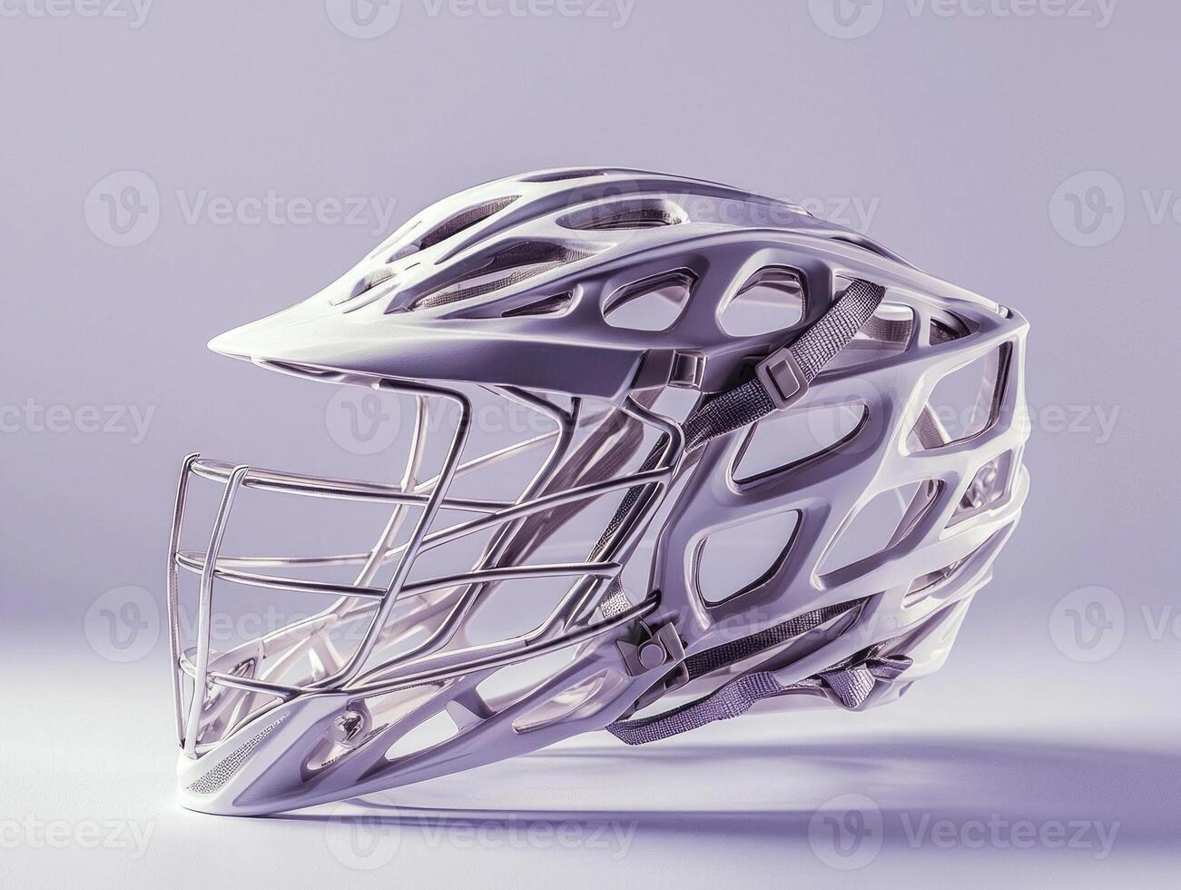 lacrosse helmet is prominently displayed in side view highlighting its intricate cage and padding details. Soft shadows enhance the minimalist aesthetic under bright studio lighting. photo