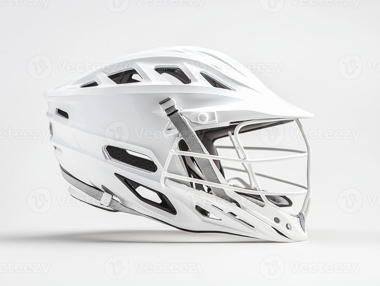 composition features a lacrosse helmet illuminated by bright studio lighting highlighting its cage and padding details. The soft shadows enhance its minimalist design. photo