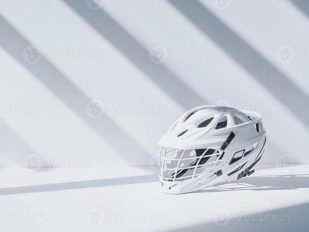 lacrosse helmet showcases its intricate cage and padding details illuminated by bright studio lighting. Soft shadows enhance the minimalist composition emphasizing the sports equipments design. photo