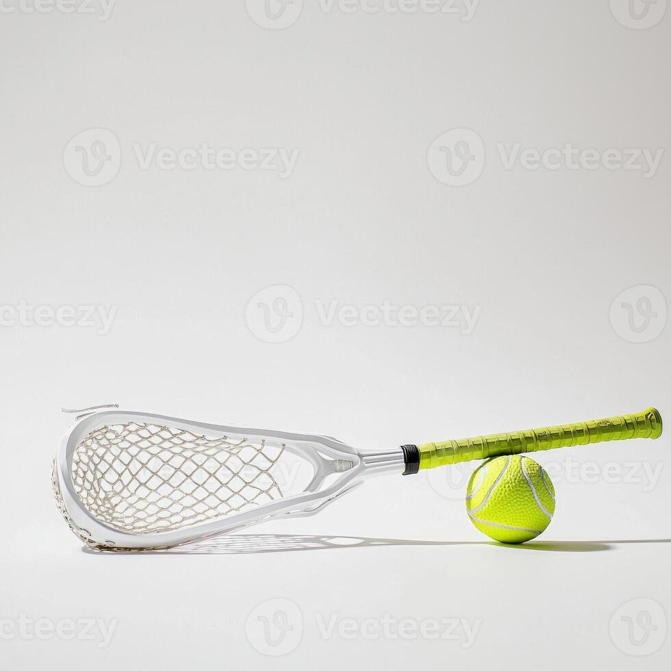 lacrosse stick rests gracefully on a white surface featuring a ball nestled in its netting. The vibrant handle grip complements the sleek design against bright lighting. photo