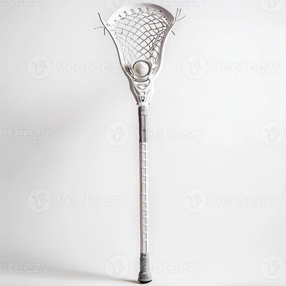 lacrosse stick is displayed with a ball nestled in its netting emphasizing the intricate mesh details and handle grip. Soft shadows enhance the minimalist look. photo