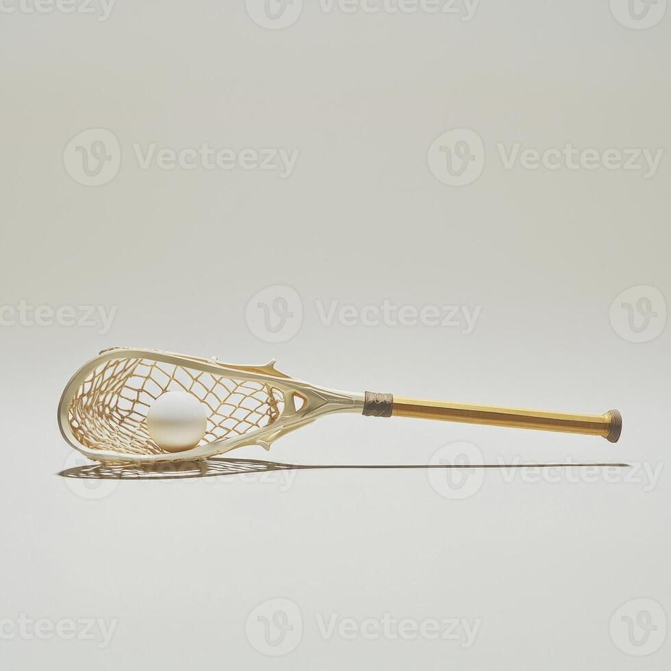 lacrosse stick with a ball nestled in its netting is displayed against a clean white backdrop highlighting the intricate mesh and handle design under bright studio lighting. photo