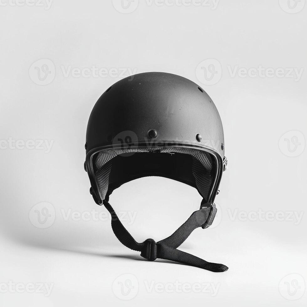 roller derby helmet features a matte finish and hanging chin strap showcasing interior padding in a bright studio setting. The minimalist approach emphasizes design. photo