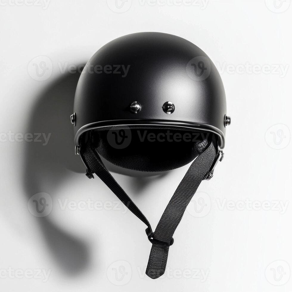 striking roller derby helmet features a matte finish and soft interior padding displayed against a clean white backdrop. The chin strap hangs down enhancing its minimalist appeal. photo