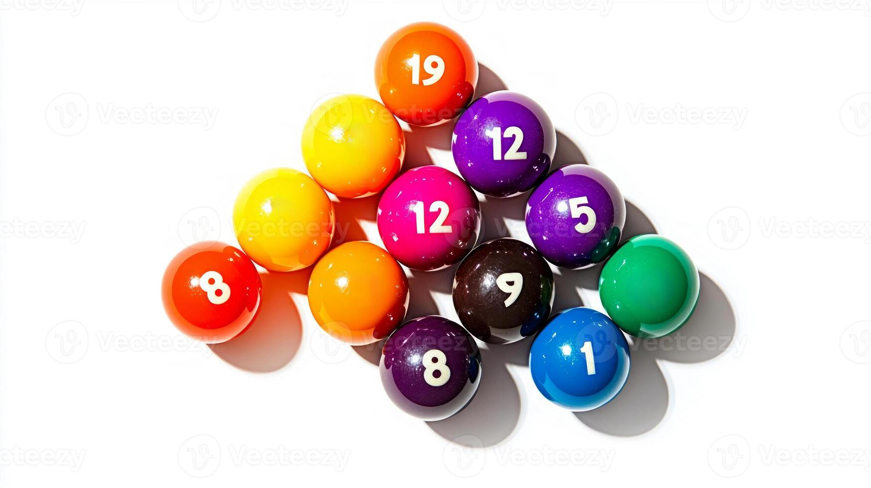colorful arrangement of billiard balls is perfectly positioned in a triangle formation showcasing their glossy surfaces and numbered labels under midday lighting. photo