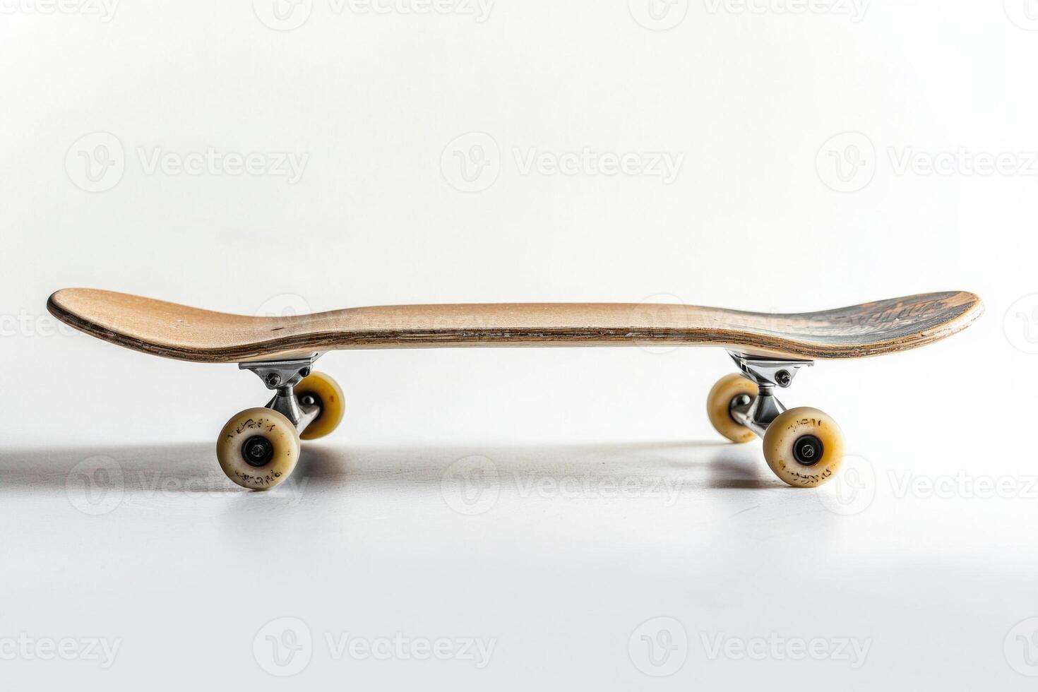 skateboard deck rests on a white surface emphasizing its unique graphic design and wheel mount details illuminated by bright studio lighting. Shadows fall softly beneath. photo