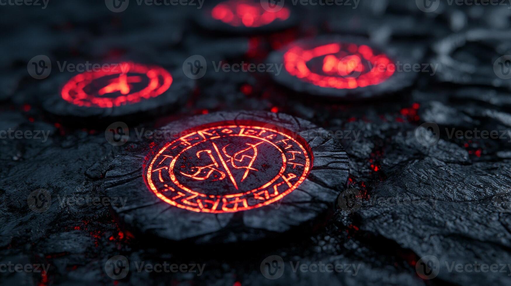 Stylized protective runes cast in black with vibrant red light create a striking display on a dark surface emphasizing their detailed craftsmanship and mystique. photo