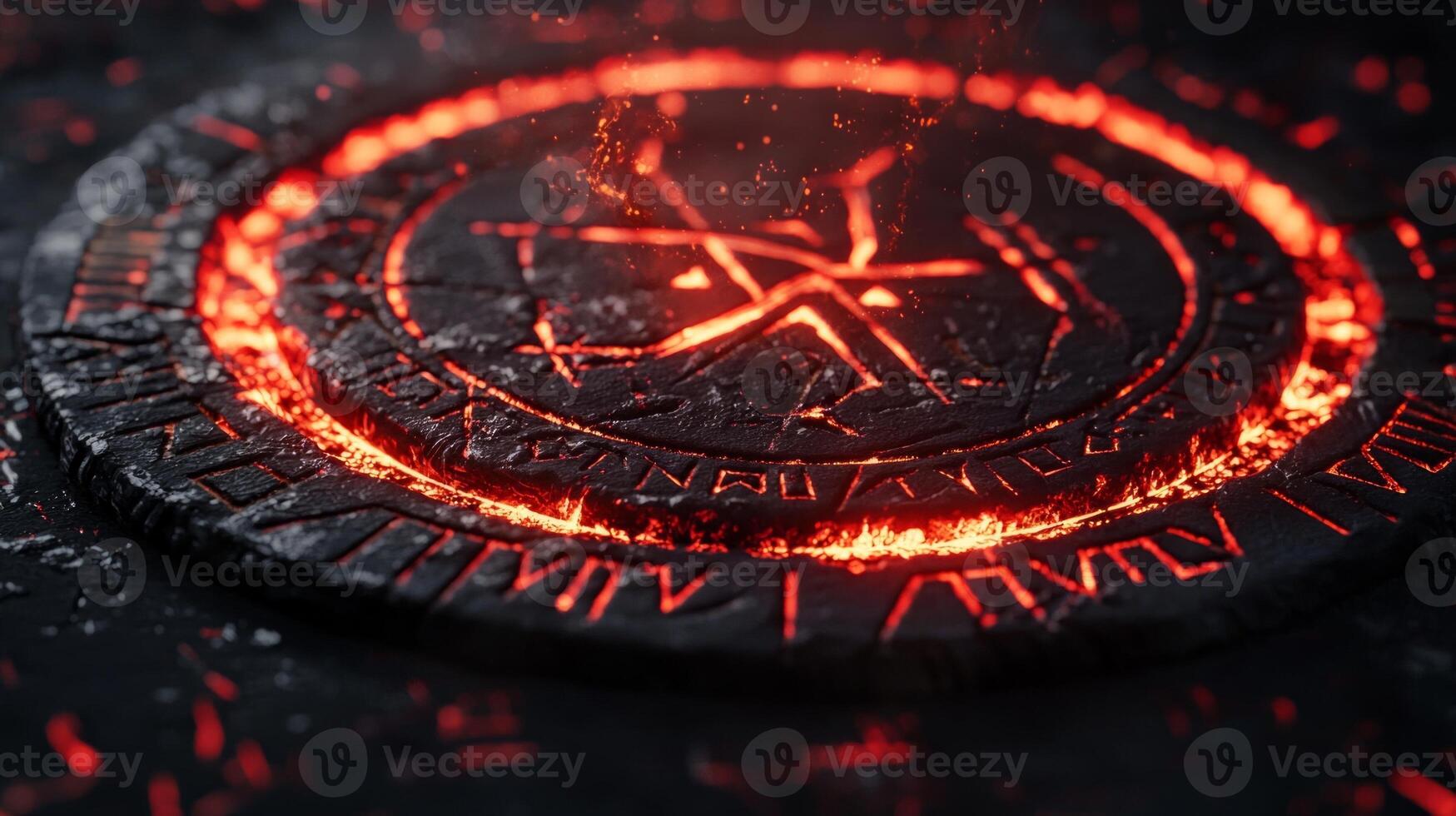 composition features black protective runes glowing in red accentuating their detailed carvings. Rune chips surround the central design enhancing the mystical ambiance. photo