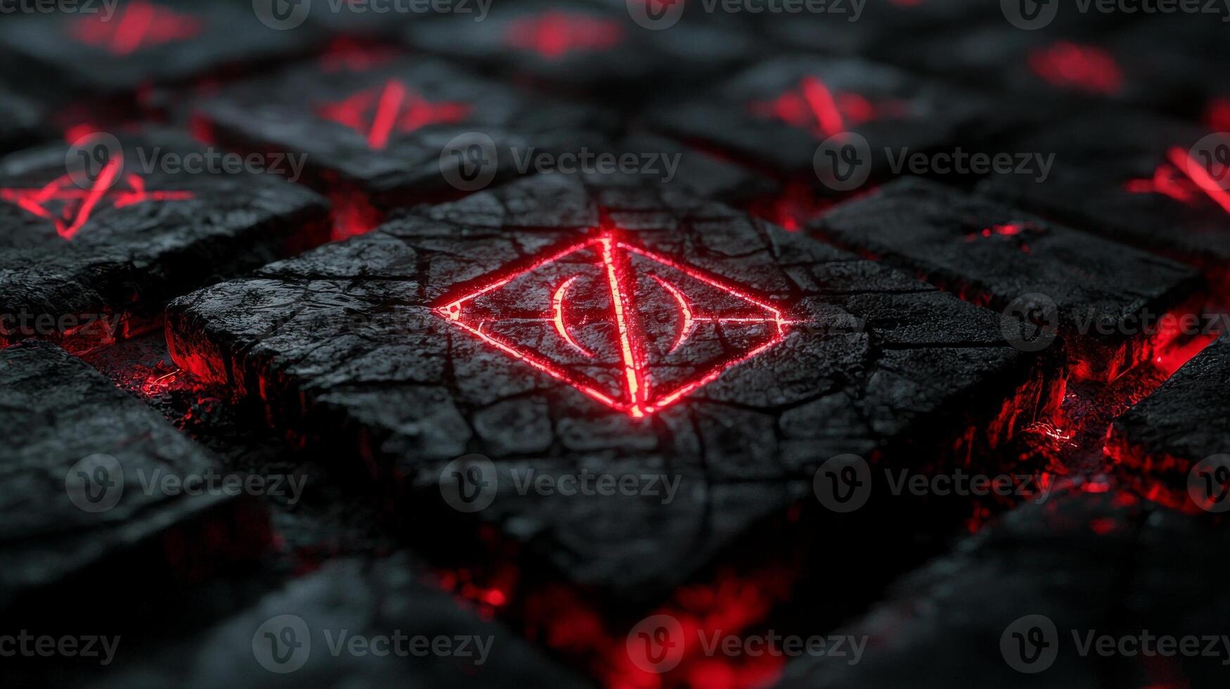 scene showcases black rune chips featuring intricate protective runes glowing in vibrant red light creating an enchanting atmosphere. photo