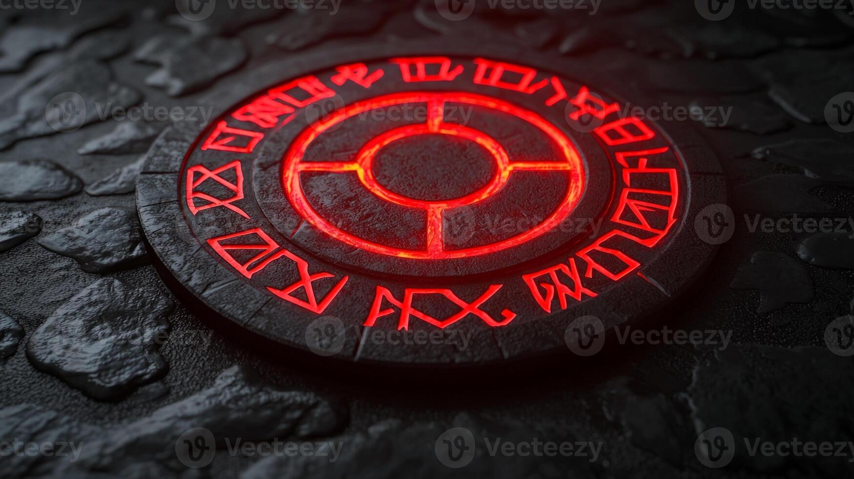 set of protective runes crafted from black material glows with red light. The rune chips display intricate designs evoking a sense of magic and mystique. photo