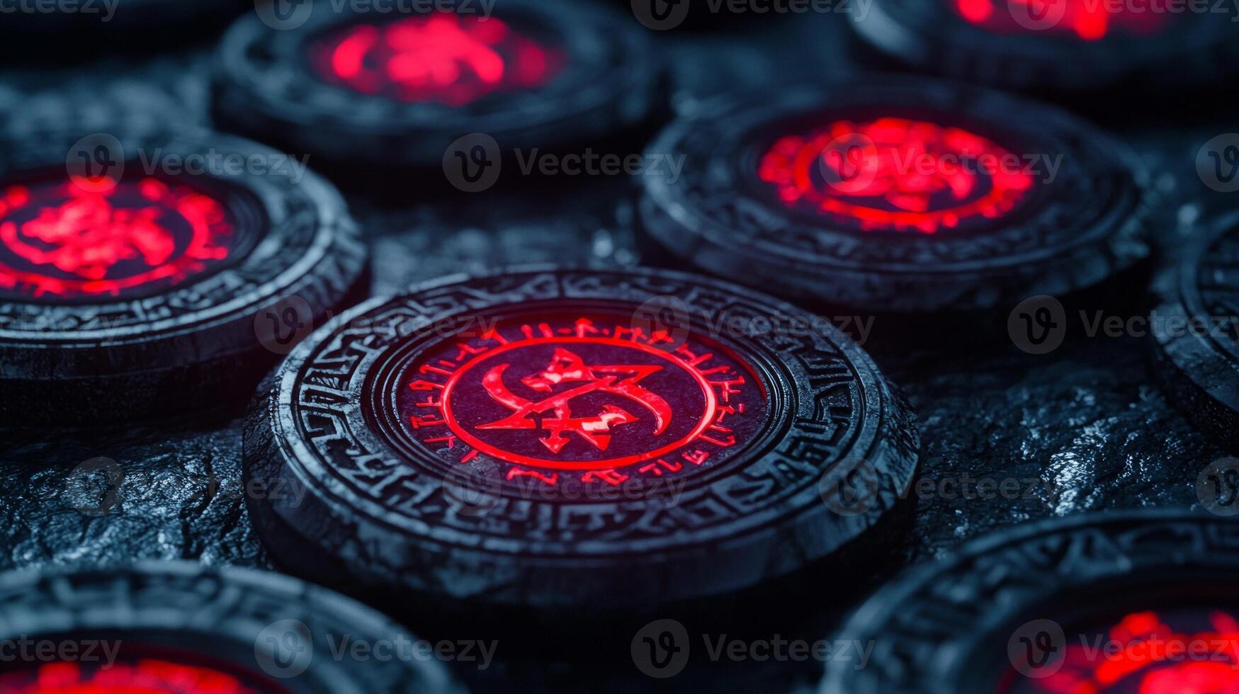 Detailed black rune chips are illuminated by a vibrant red light highlighting intricate protective symbols against a textured dark background creating an enchanting ambiance. photo