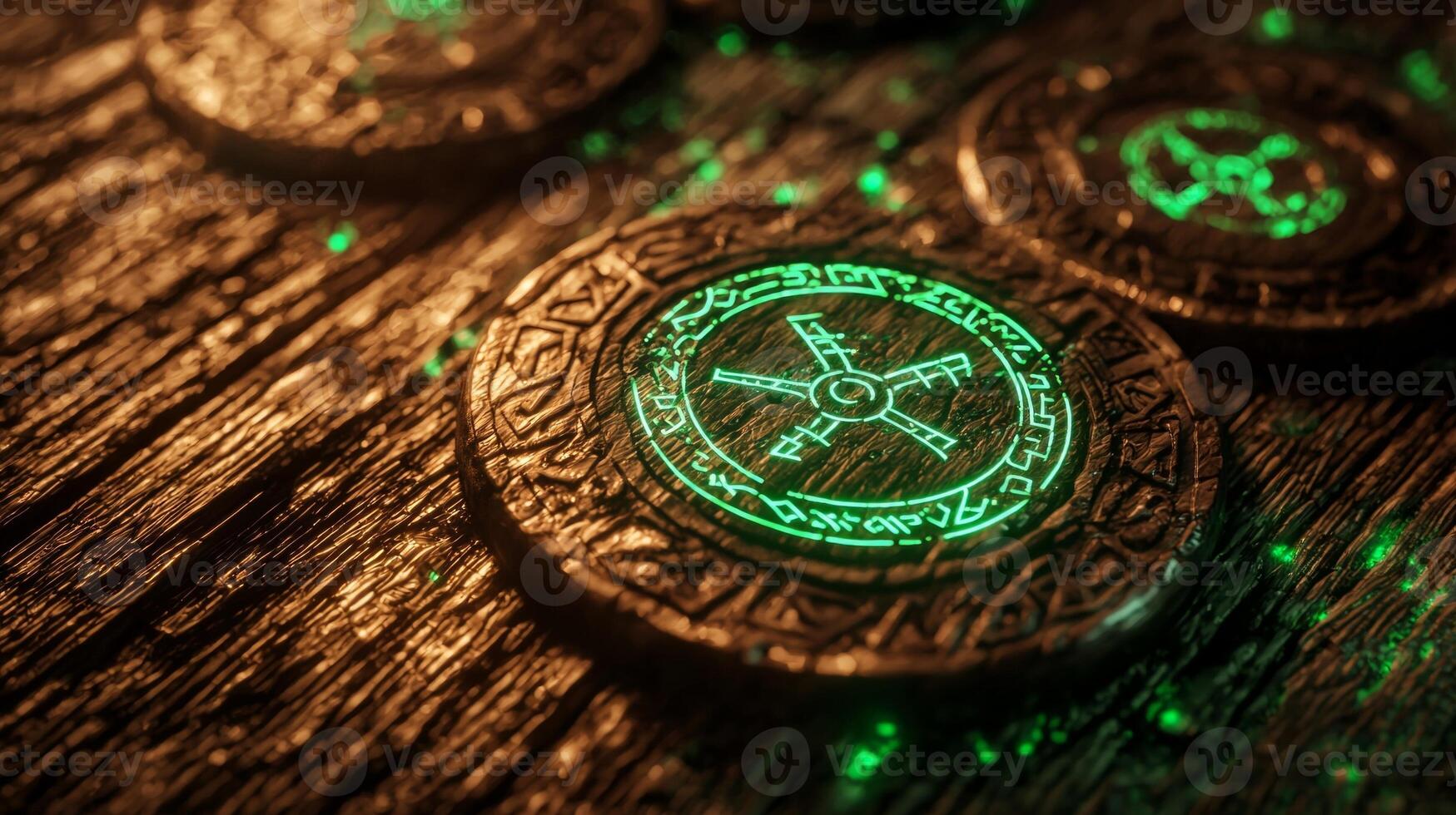 Detailed runes carved from brown wood are softly illuminated by a green light. Each rune displays unique symbols reflecting traditional craftsmanship and mystical significance. photo