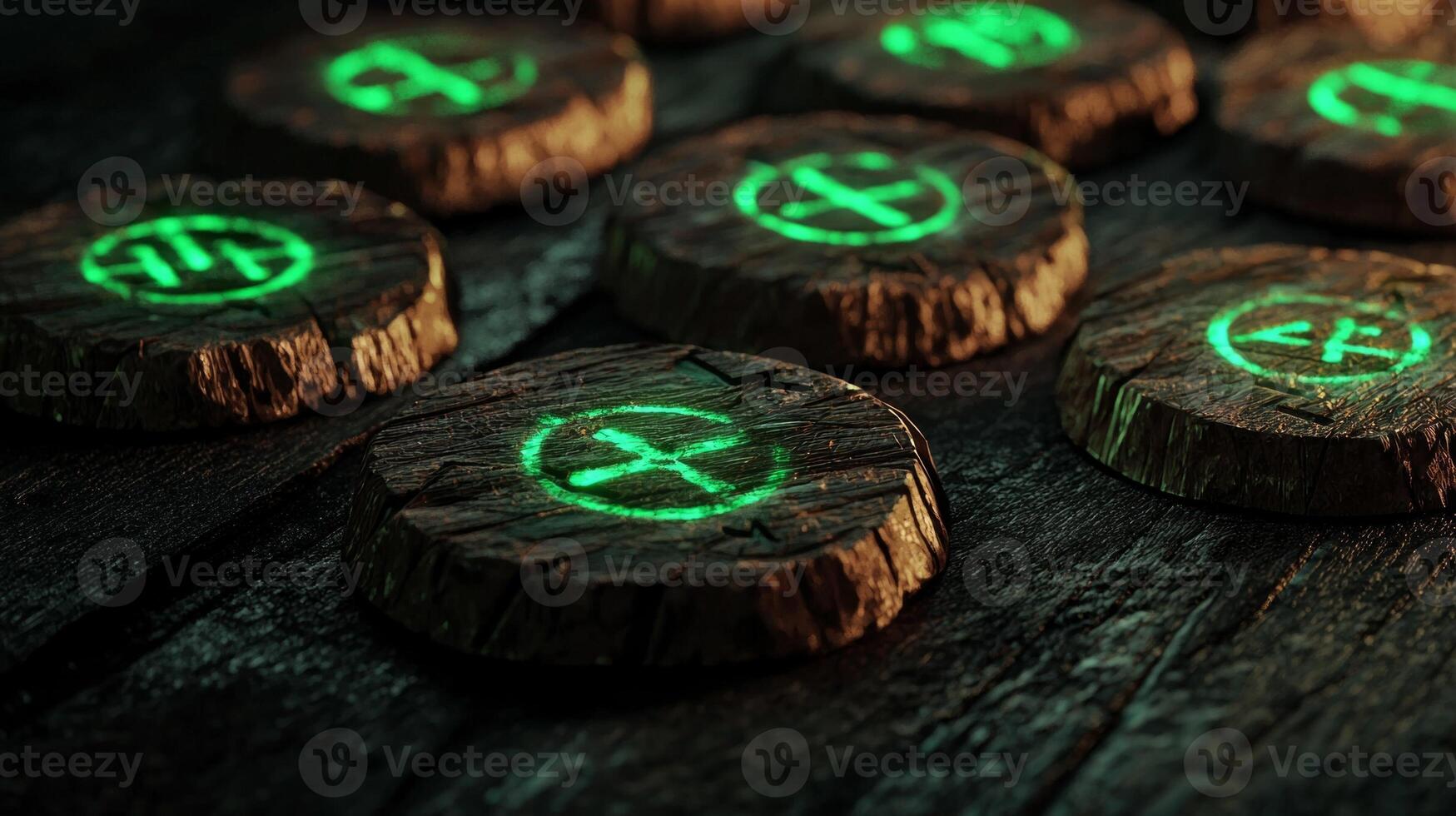 protective runes made from dark brown wood glow softly with a vibrant green light. Each rune showcases intricate designs adding to their mystical allure. photo