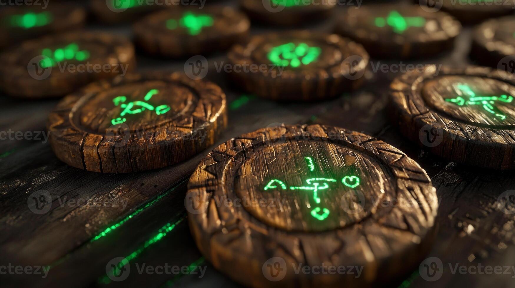 Brown wooden rune chips emit a striking green light showcasing intricate designs. These protective runes are artistically arranged emphasizing their mystical qualities. photo