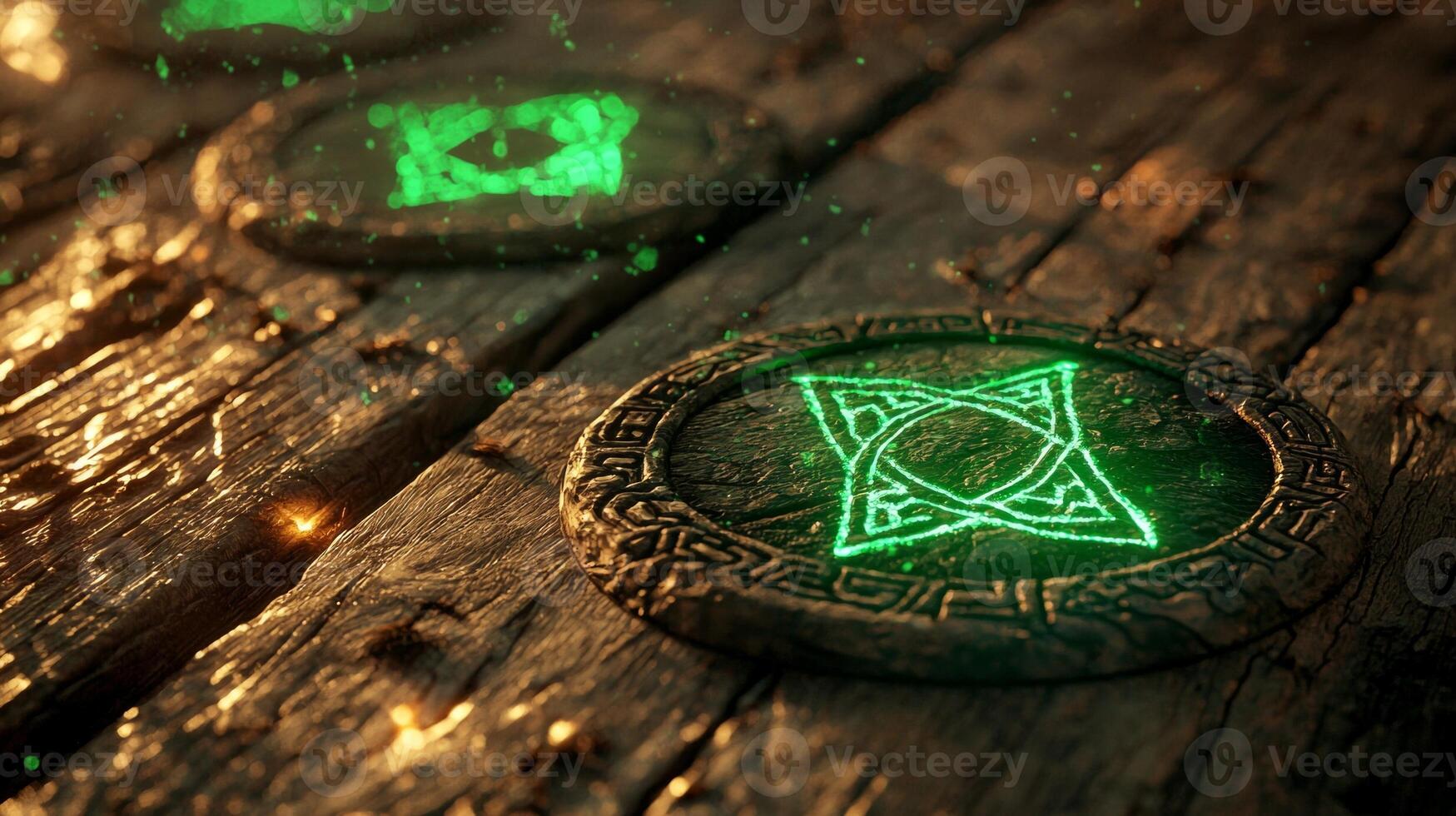 focus is on a set of protective runes crafted from brown wood glowing with a mystical green light on a rustic wooden background showcasing detailed craftsmanship. photo