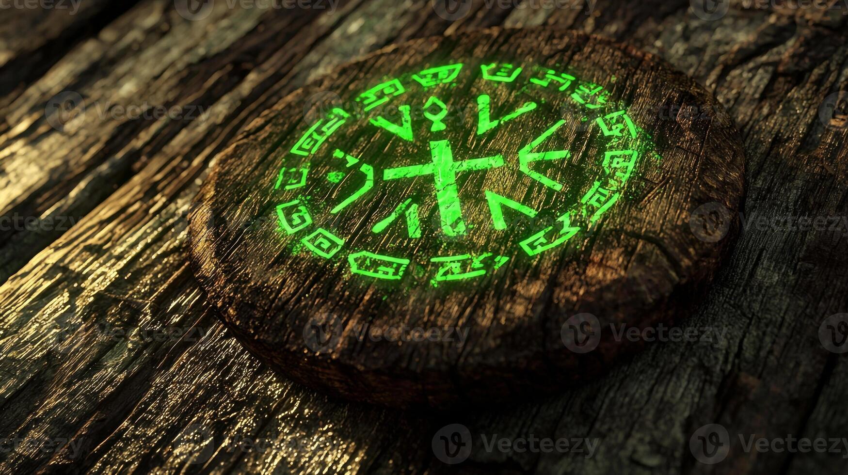 Carved from brown wood these protective runes glow with green light showcasing detailed symbols that represent various meanings and energies. photo
