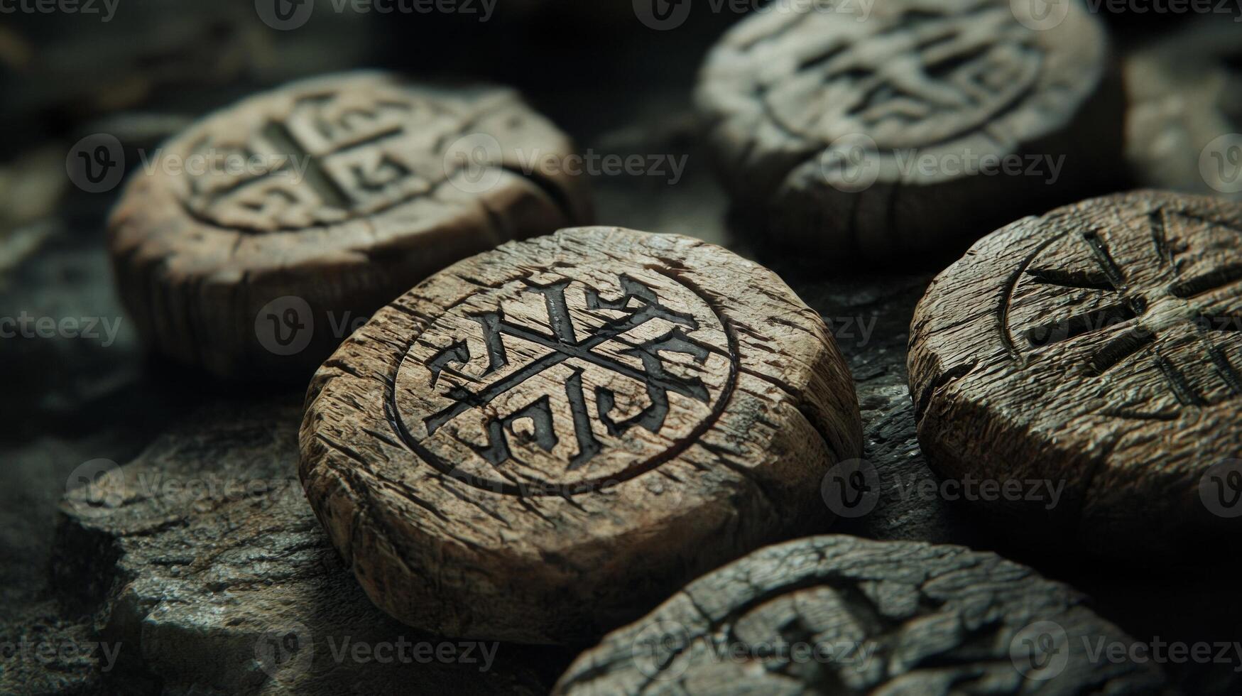 arrangement of uniquely carved protective runes sits upon a textured stone surface highlighting the intricate details of ancient symbols in soft natural light. photo