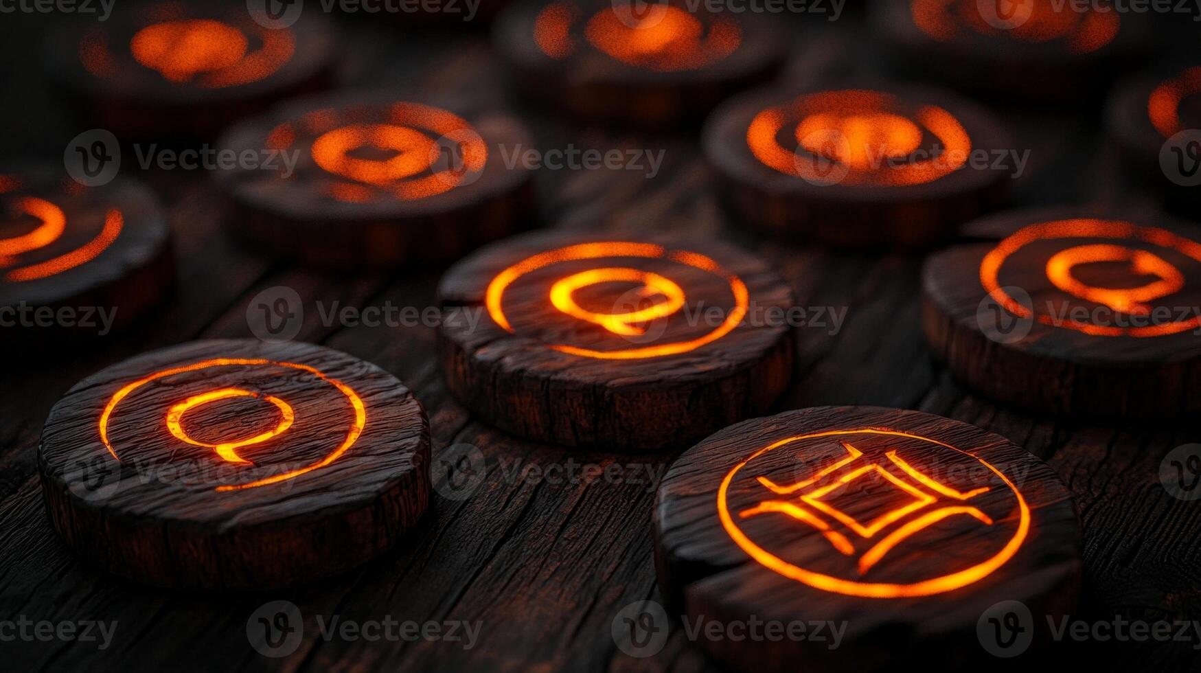Detailed protective runes are carved into brown wooden chips illuminated by a warm orange glow creating a mystical and enchanting atmosphere. photo