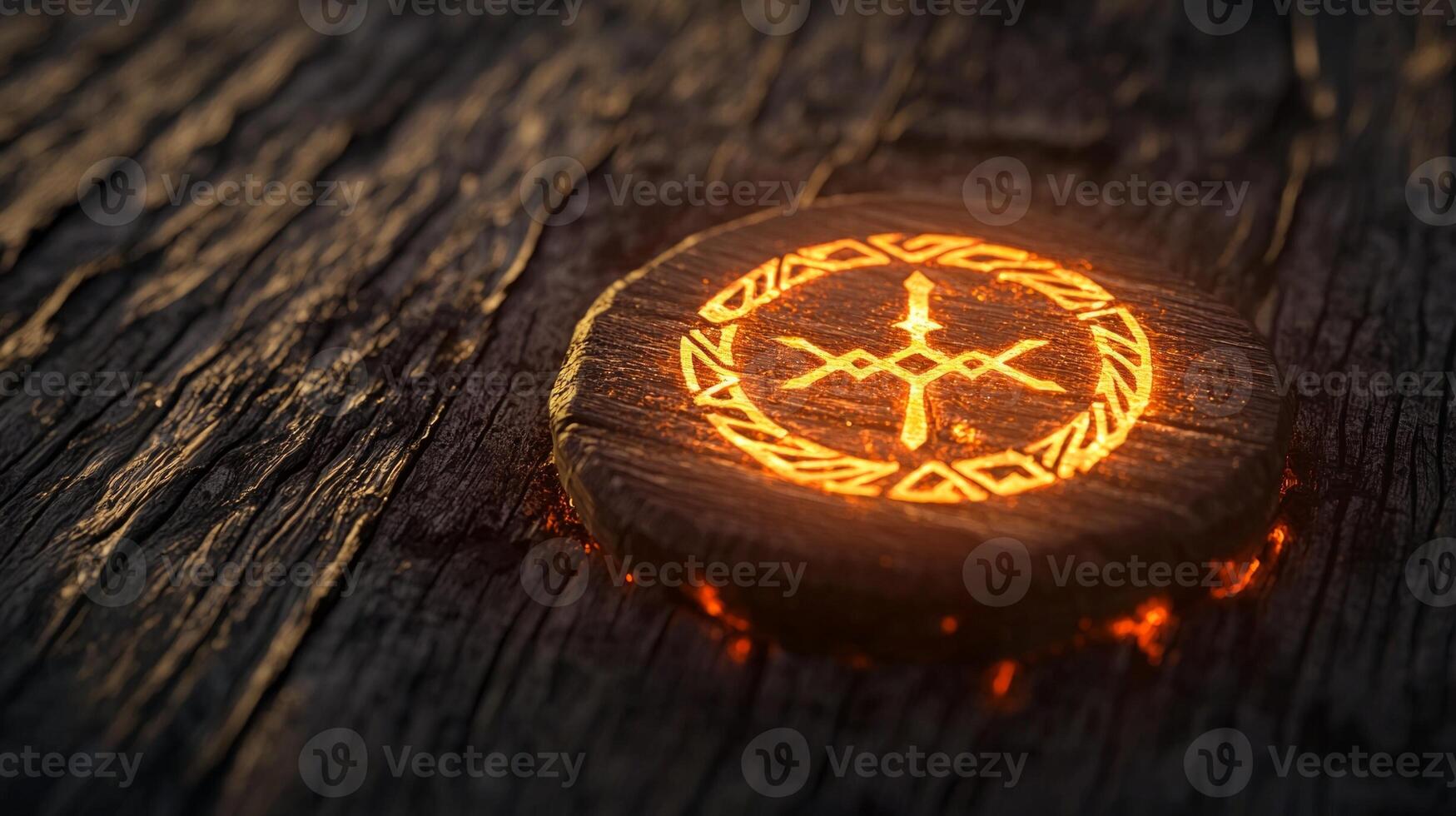 image features intricately carved protective runes set on brown wood. The runes emit a captivating orange light enhancing their mystical appearance. photo