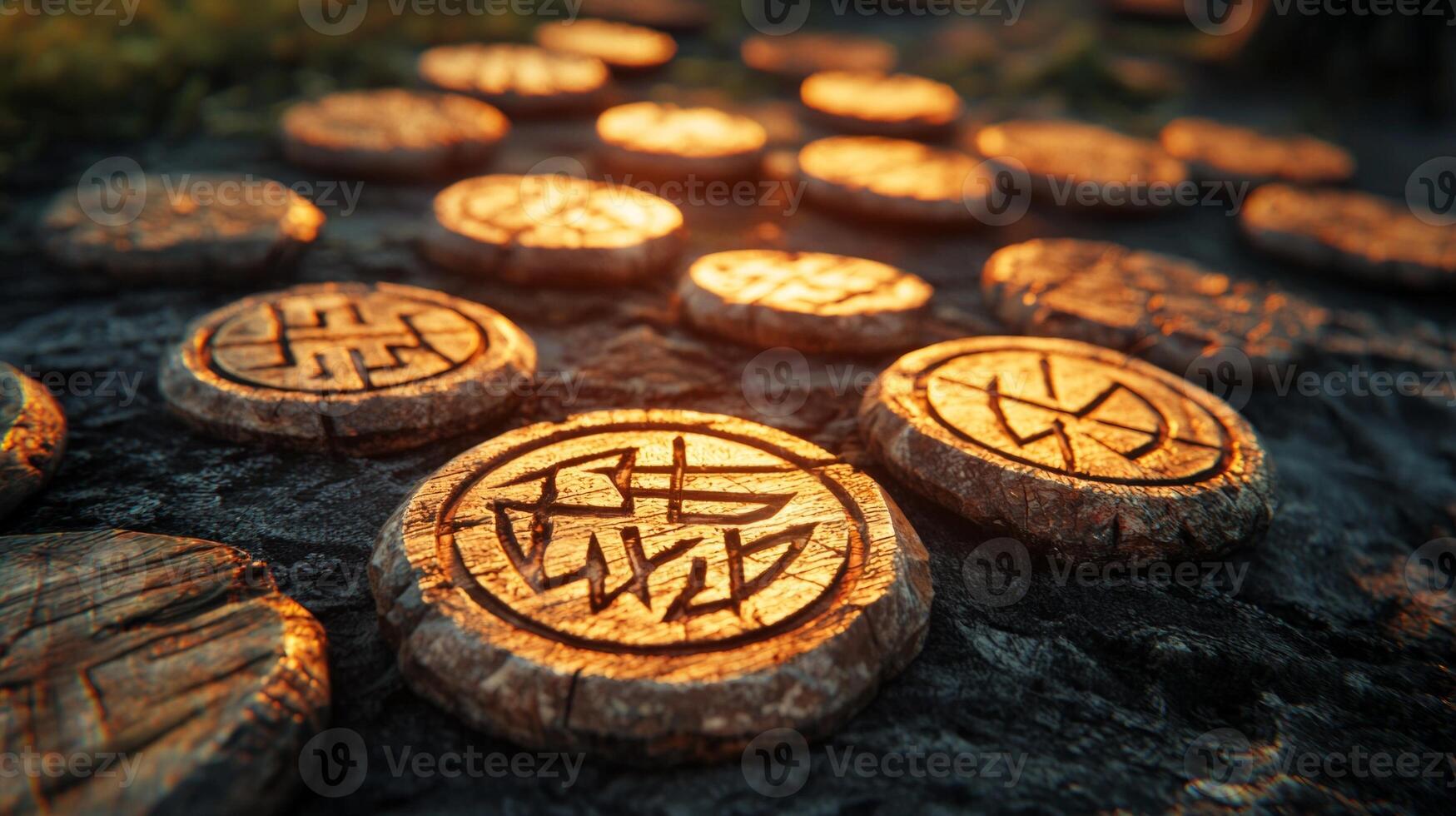 Wooden chips bearing intricate protective runes are arranged on the ground glowing softly in the warm sunlight during a tranquil outdoor moment. photo