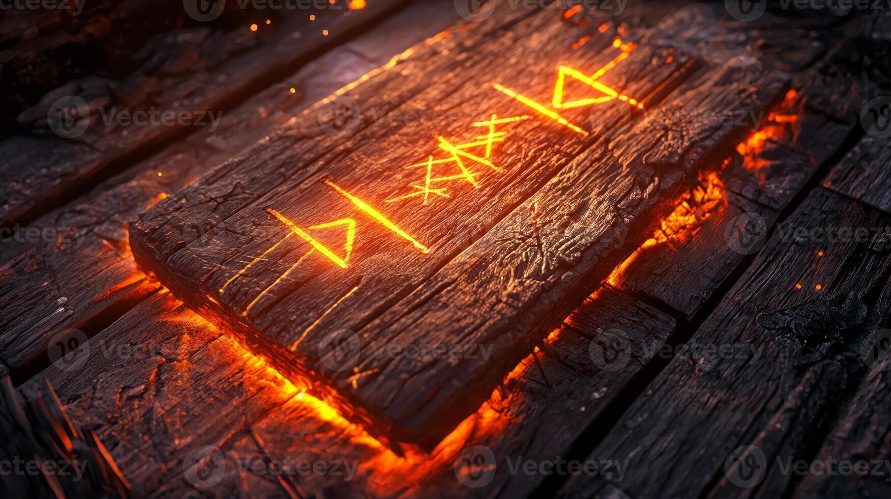 set of protective runes carved into brown wood emanates a vibrant orange light highlighting their intricate designs. These symbolic markings are believed to offer spiritual guidance and protection. photo
