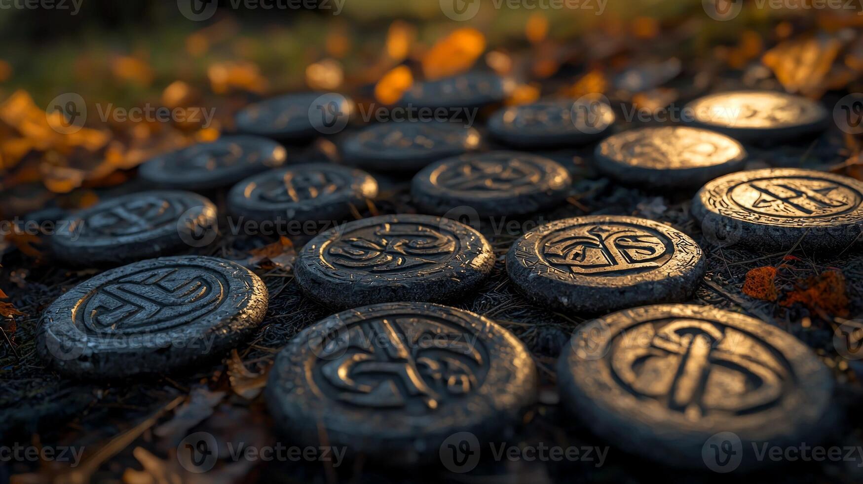Multiple rune chips featuring intricate designs are scattered across a forest floor surrounded by vibrant autumn leaves as the sun sets casting a warm glow. photo