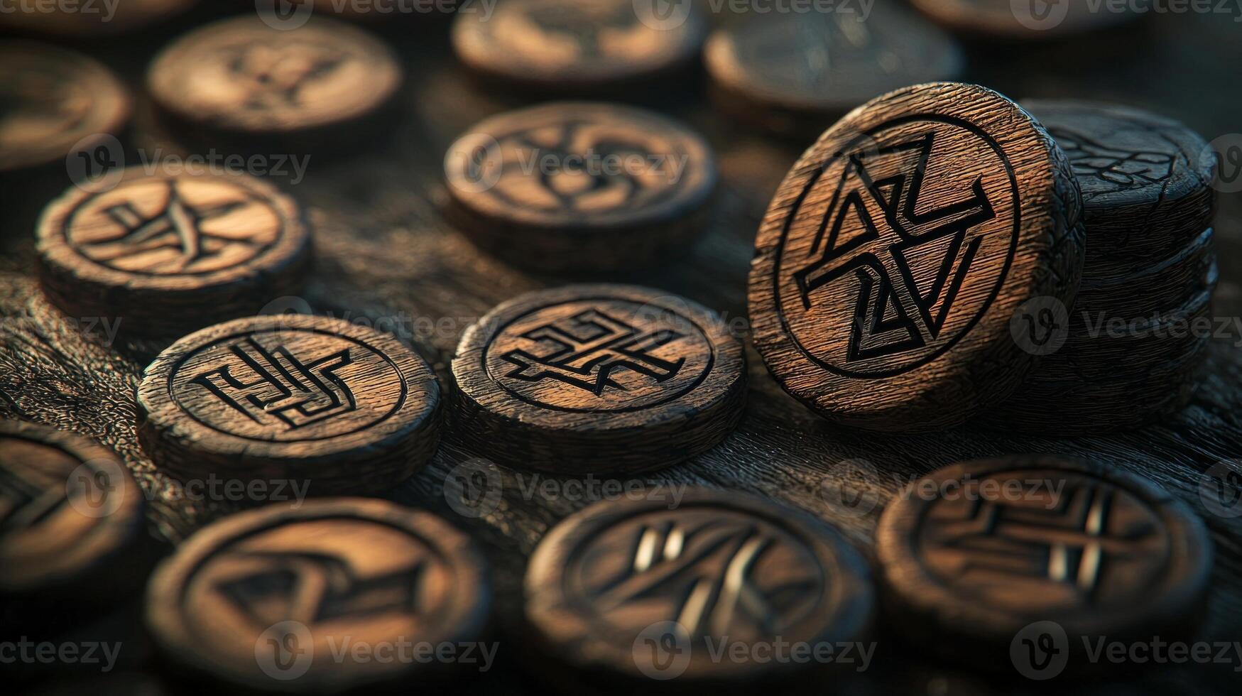 composition features a variety of handcrafted protective rune chips made from wood each displaying unique symbols in rich detail arranged on a textured surface. photo